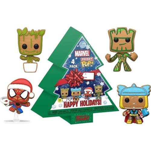 FUNKO POCKET POP 4 PACK MARVEL HAPPY HOLIDAYS TREE BOX GLOWS IN THE DARK DIAMOND